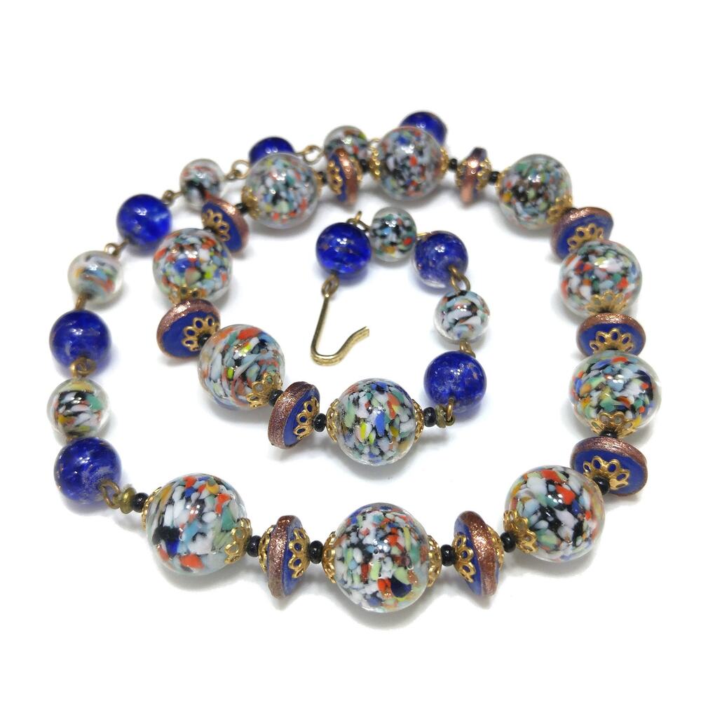 Murano Speckled Glass Beaded Necklace Cobalt Blue Aventurine Glitter Glass 1950s